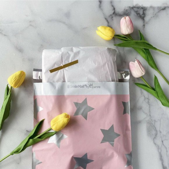 100 Pack 10” X 13” Poly Mailers Silver Star Pink - Picture 2 of 2